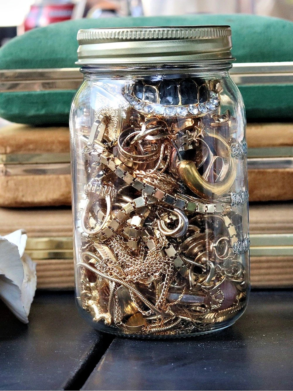 Vintage Gold Tone Wearable Jewelry Jar